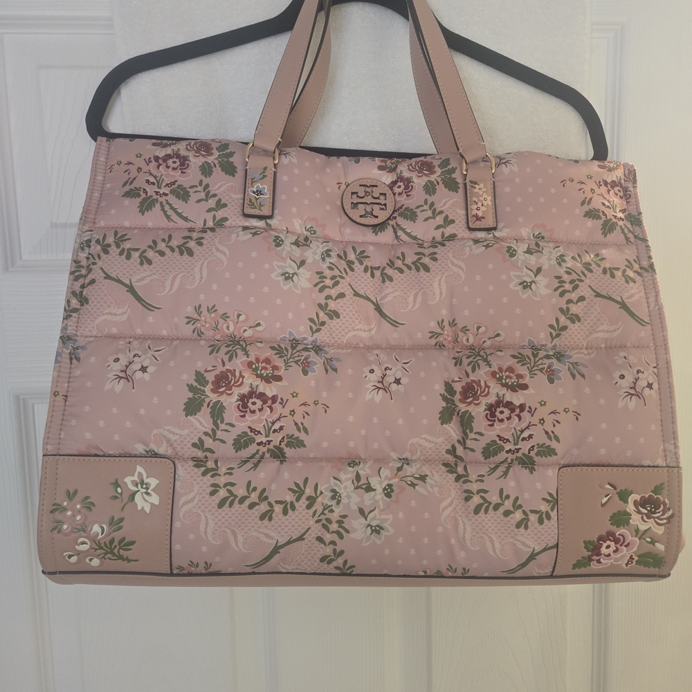 Tory Burch Ella Nylon Quilted Puffer Tote in the Pink Sugar Berry Floral print